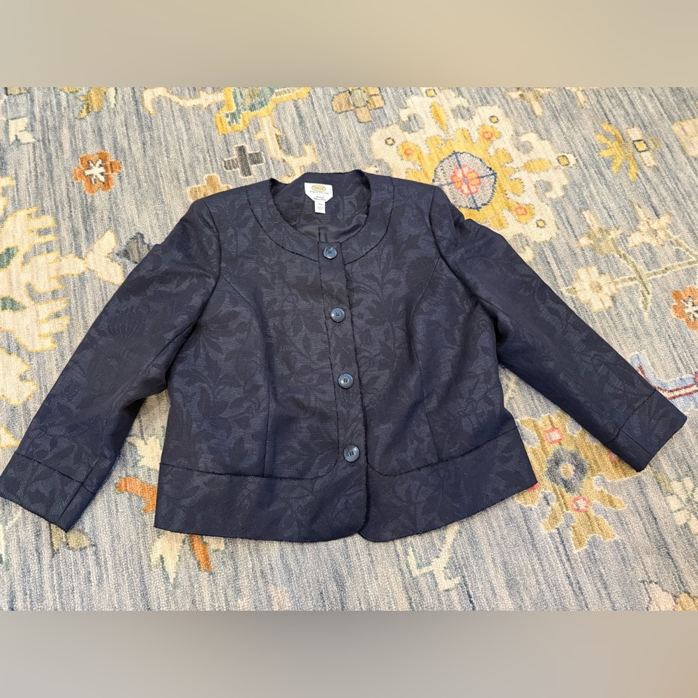 Talbots Blue Cotton Blend Button Front Formal Jacket Size 14W Jacquard
